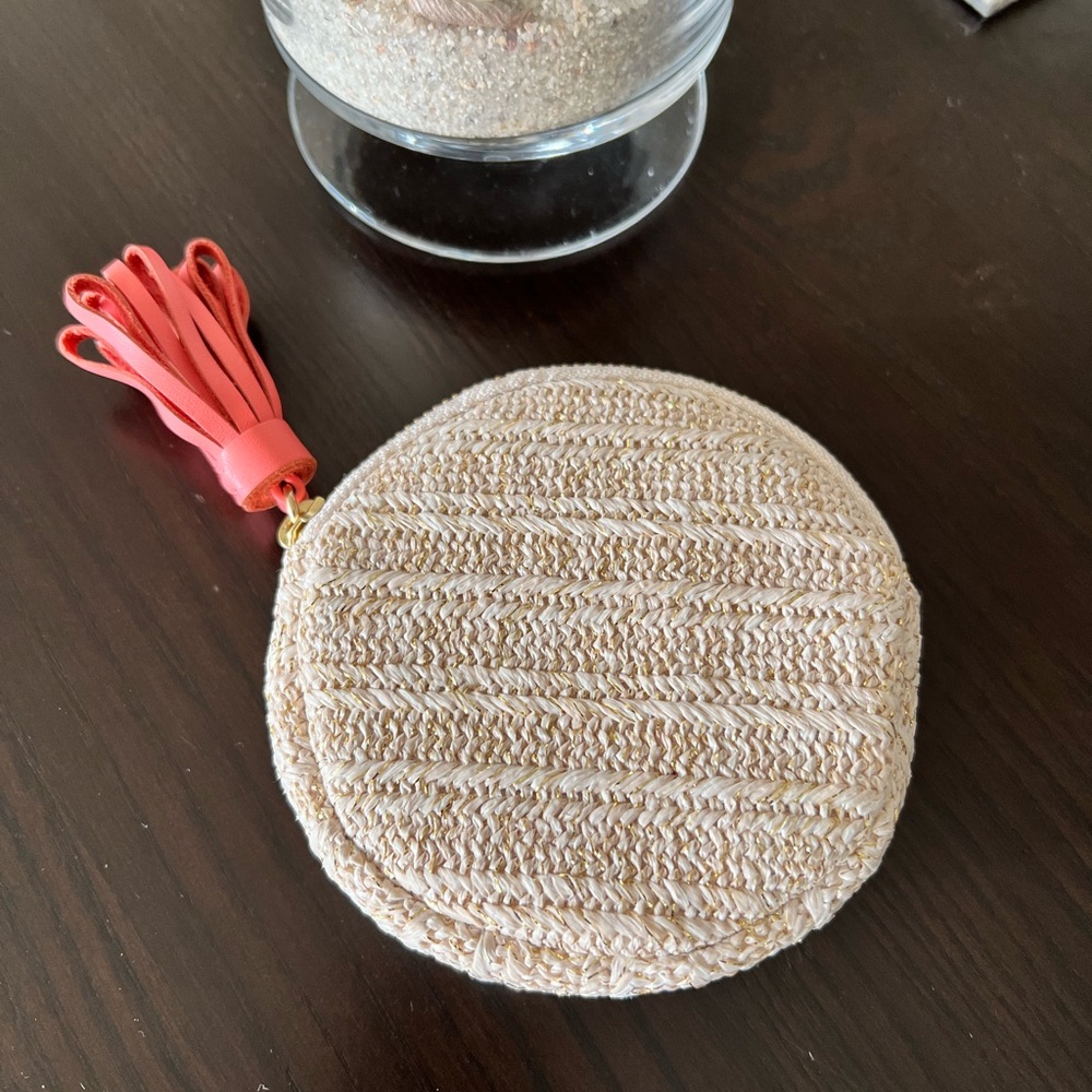 Anthropologie Beige Woven Round Coin Purse with Coral Tassel